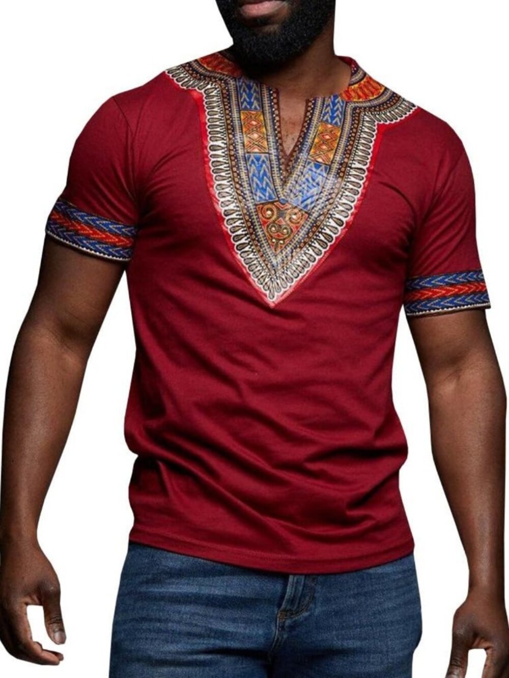 Stylish Men's African Dashiki T-Shirt | Tribal Floral Print | Slim Fit V-Neck